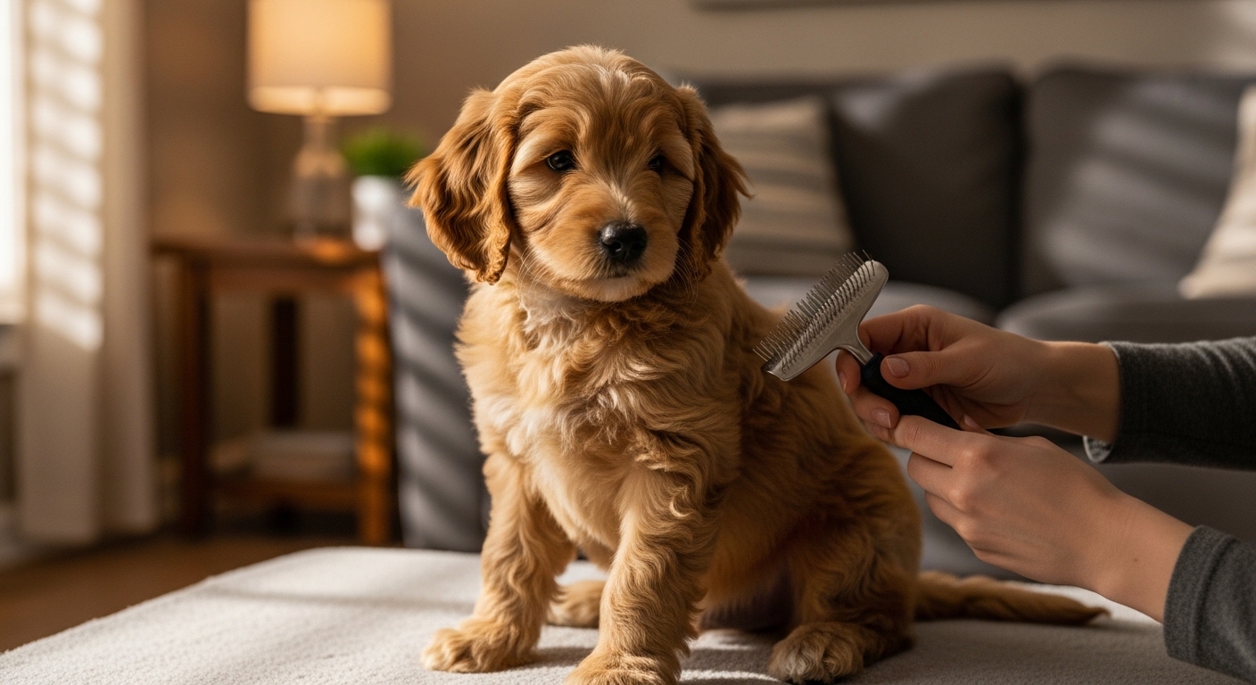 owner introducing a slicker brush to a Goldendoodle puppy