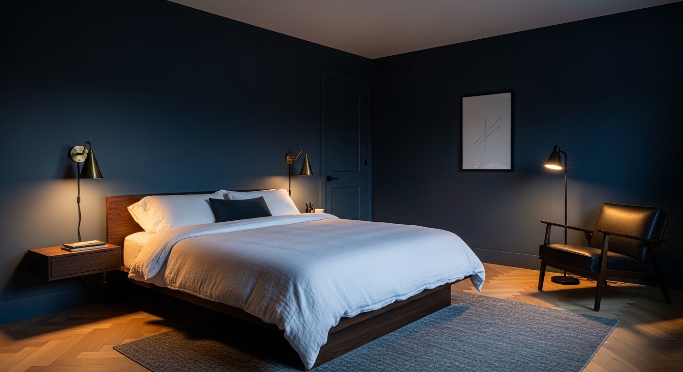 Masculine bedroom with navy walls, brass sconces, and leather armchair