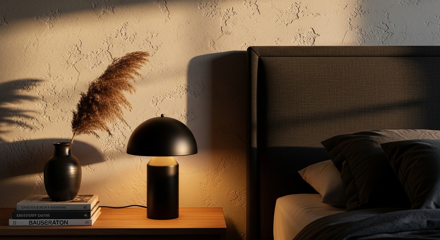Masculine minimalist bedroom corner with charcoal headboard and matte black lamp