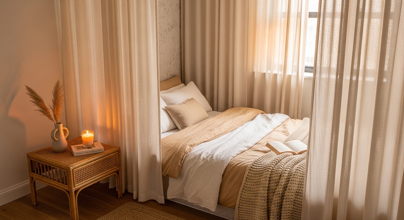 Floor-to-ceiling linen curtains enclosing a cozy studio bedroom zone