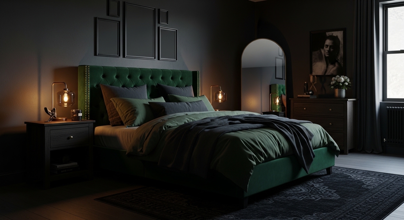 Dark moody grey bedroom with emerald velvet bed and brass accents