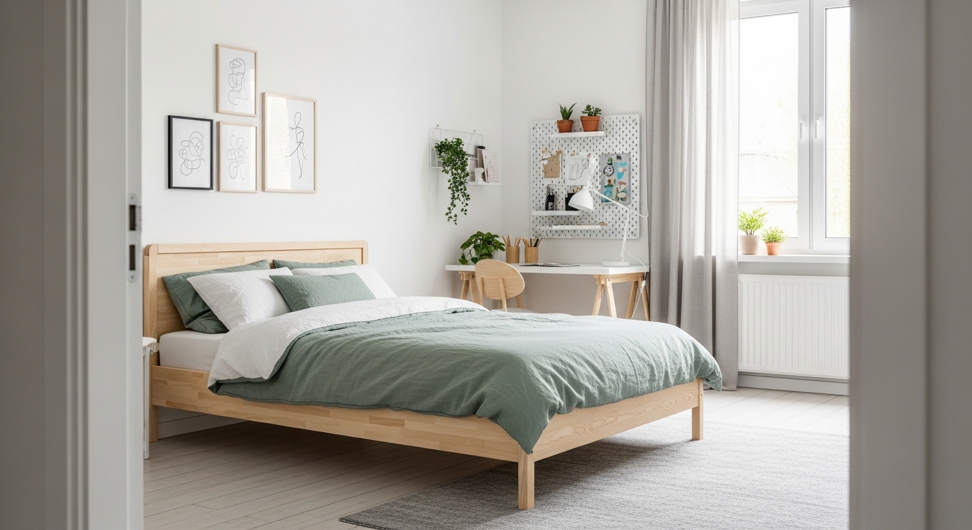 Scandinavian teen bedroom with birch furniture and sage green bedding
