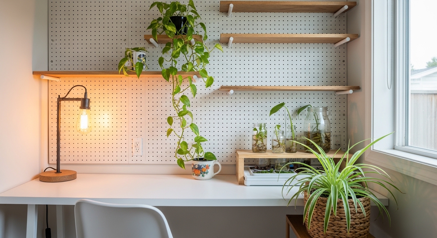 Budget home office nook with pothos, spider plant, and propagation station jars.