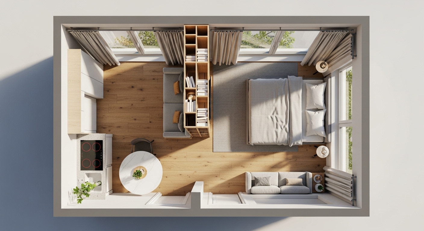 Overhead layout view of a studio apartment with zoned furniture arrangement