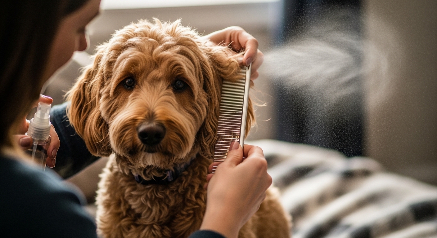owner carefully dematting a Goldendoodle behind the ear
