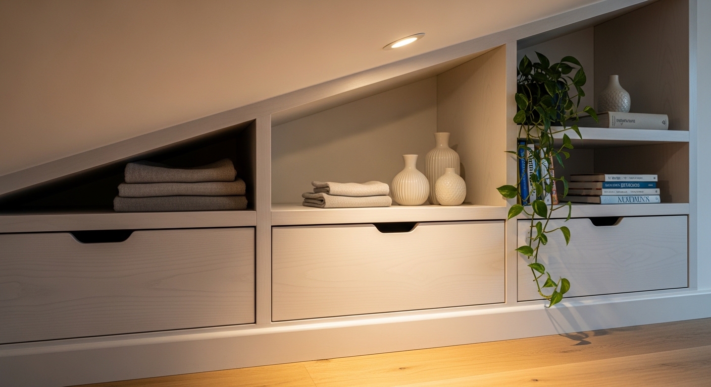 Custom built-in storage drawers under sloped attic eave wall