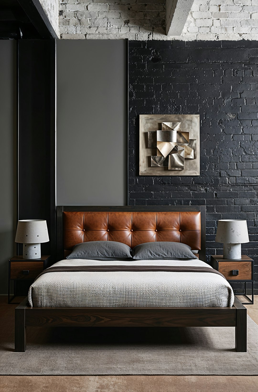 Clean masculine bedroom with dark walnut bed and charcoal linen bedding