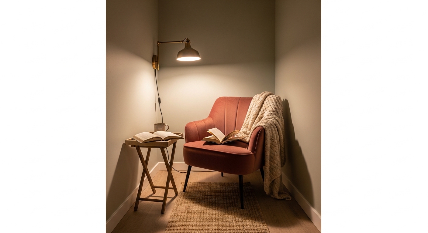 Small master bedroom sitting corner with velvet chair and wall-mounted sconce