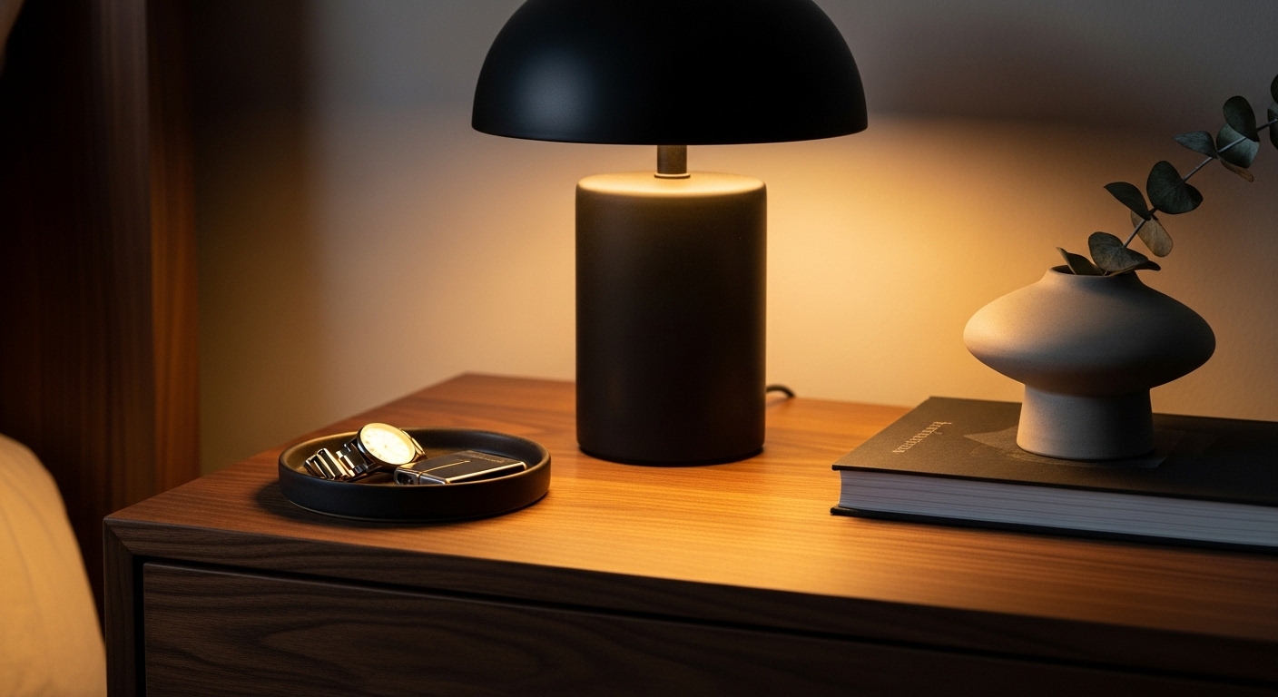 Masculine bedroom nightstand with concrete lamp, ceramic tray, and dried eucalyptus