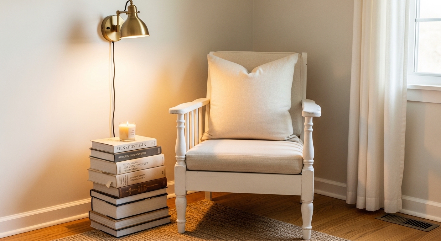 Budget master bedroom sitting nook with thrifted chair and book stack side table