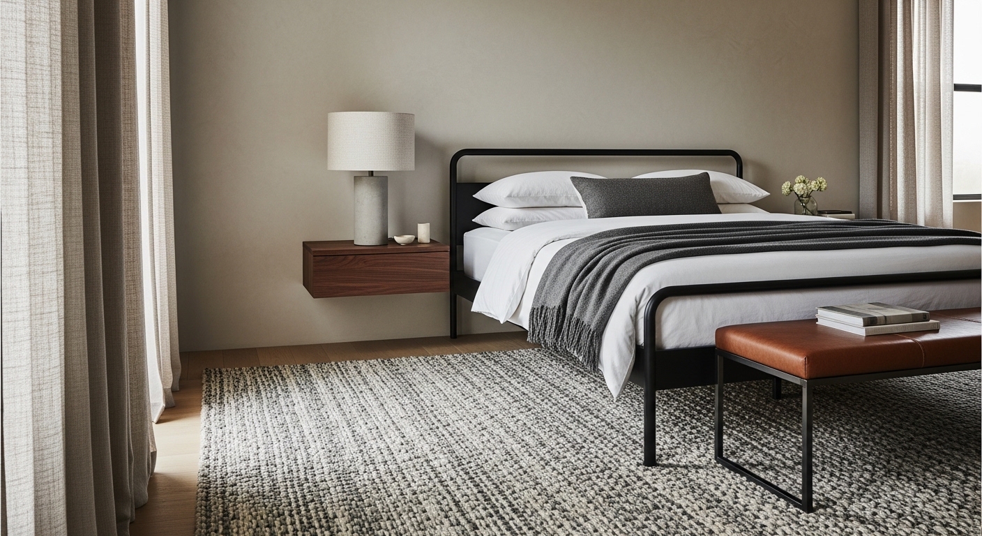 Masculine bedroom with black metal bed frame, walnut nightstand, and leather bench