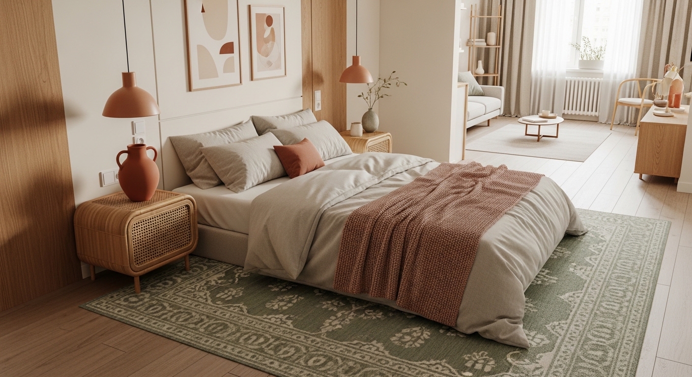 Studio bedroom zone with earthy color palette of sage, oat, and terracotta