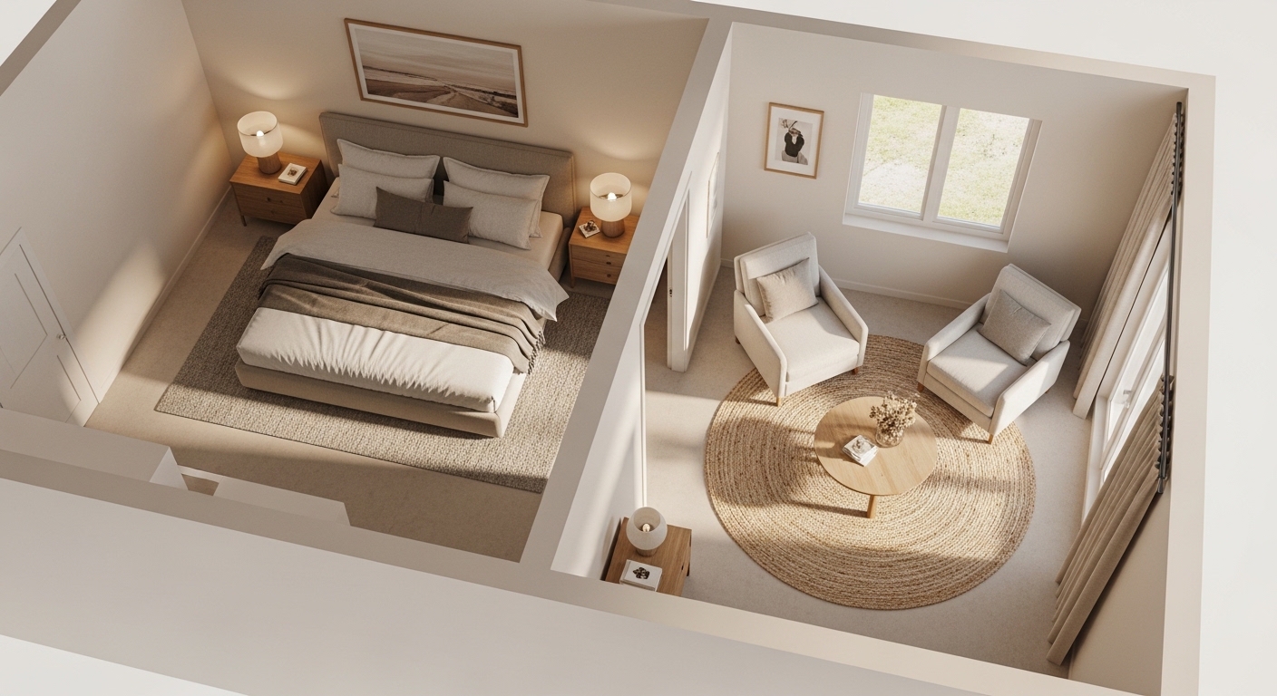 Master bedroom layout showing sleeping zone and defined sitting nook corner