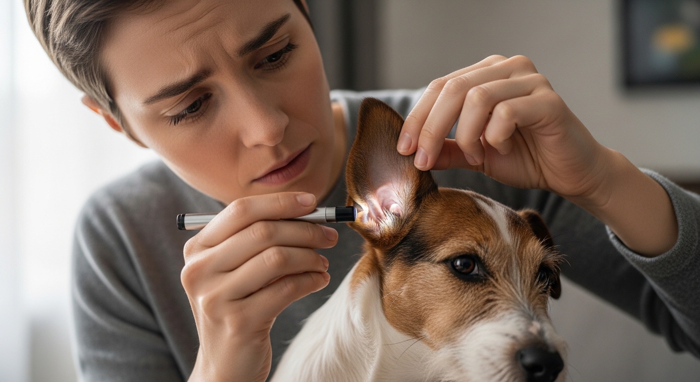 owner carefully examining small terrier ear for issues