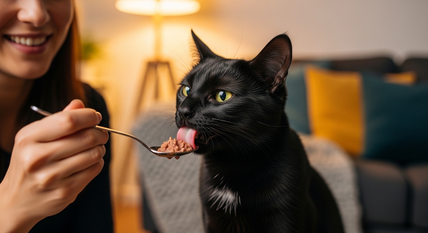 black cat licking wet food from spoon held by owner