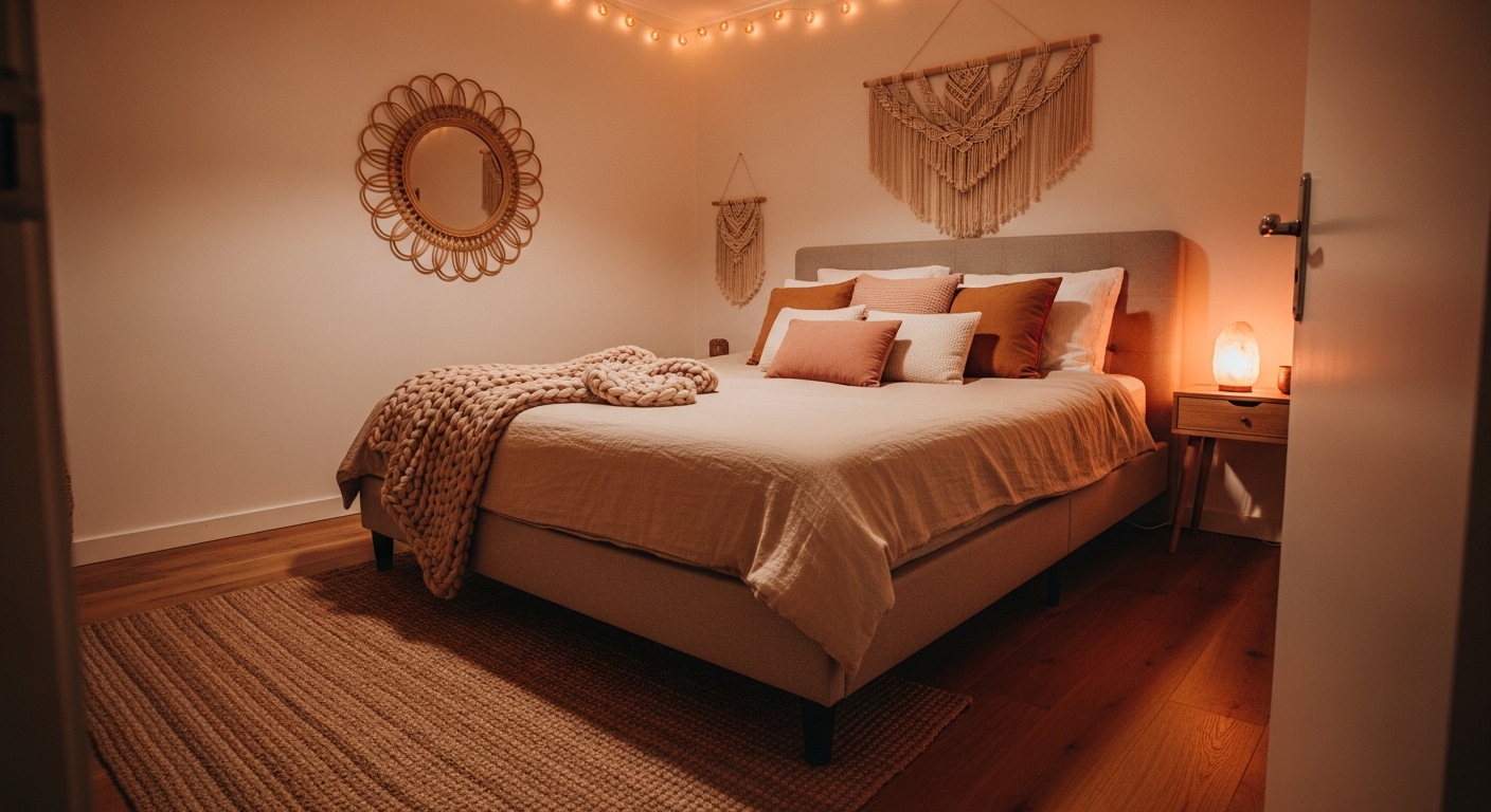 Cozy neutral teen bedroom with layered textures and warm lighting