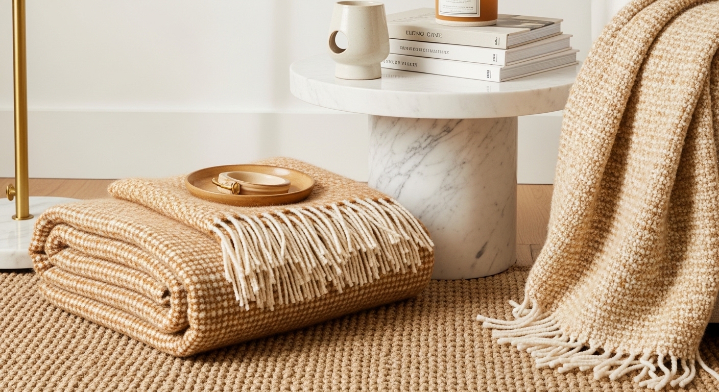 Styled bedroom sitting area accessories including throw, lamp, and side table