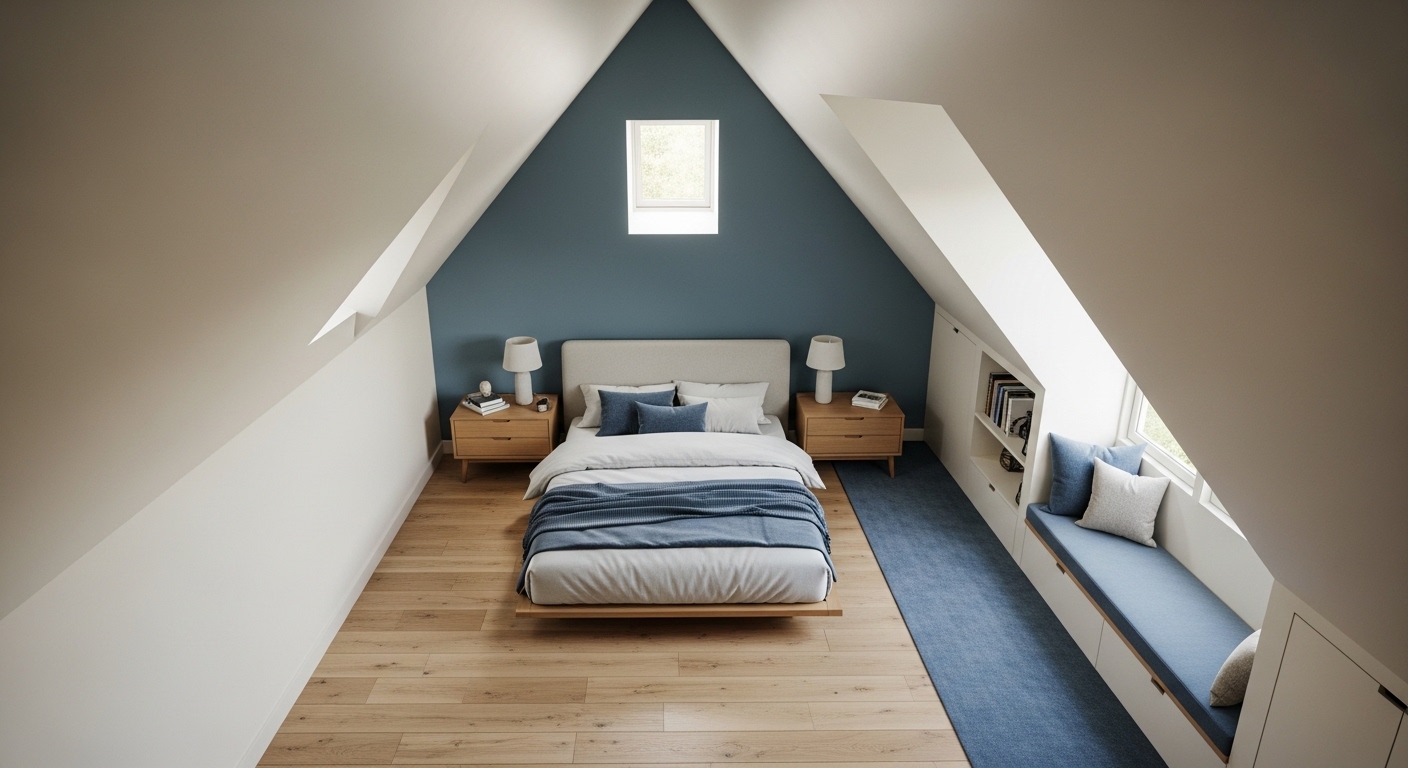 Attic bedroom layout with platform bed under ceiling peak