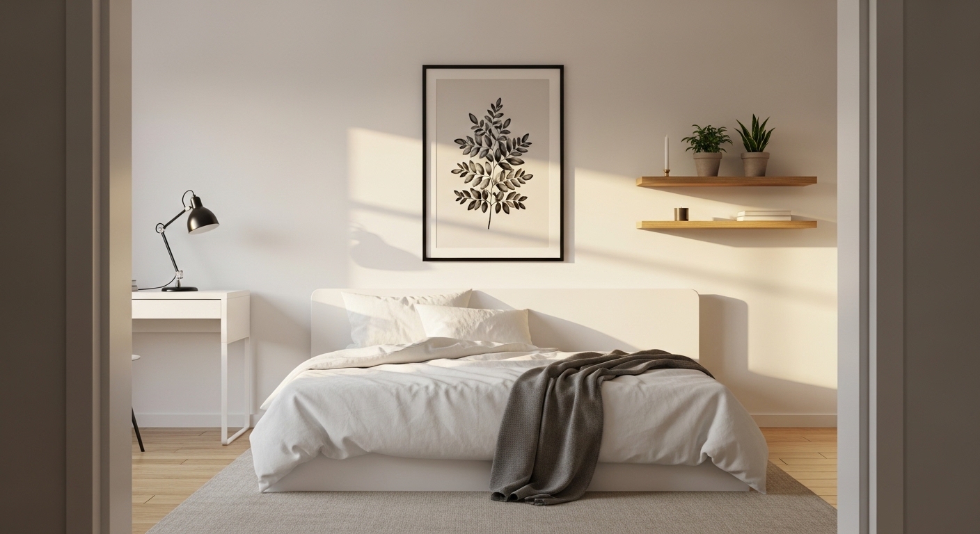 Minimalist teen bedroom with white bedding and botanical wall art