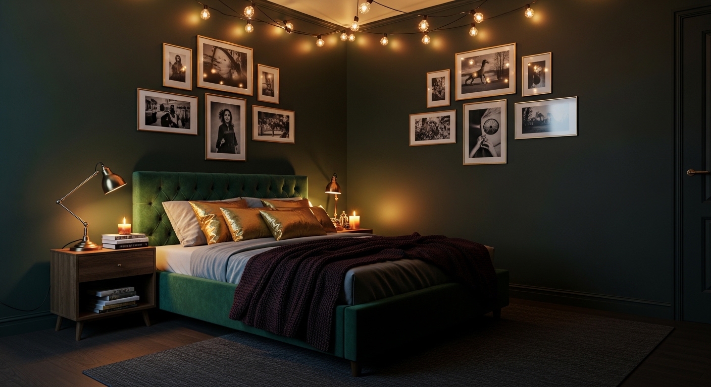 Dark moody teen bedroom with green walls and velvet bedding