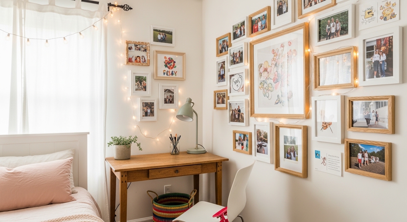 Budget teen bedroom with gallery wall fairy lights and thrifted decor