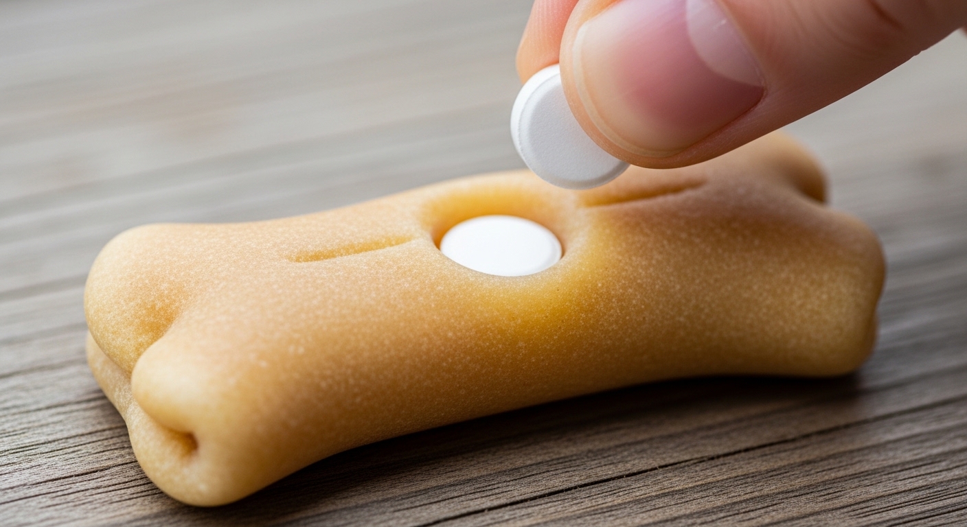 small white pill tucked inside a soft pill pocket treat
