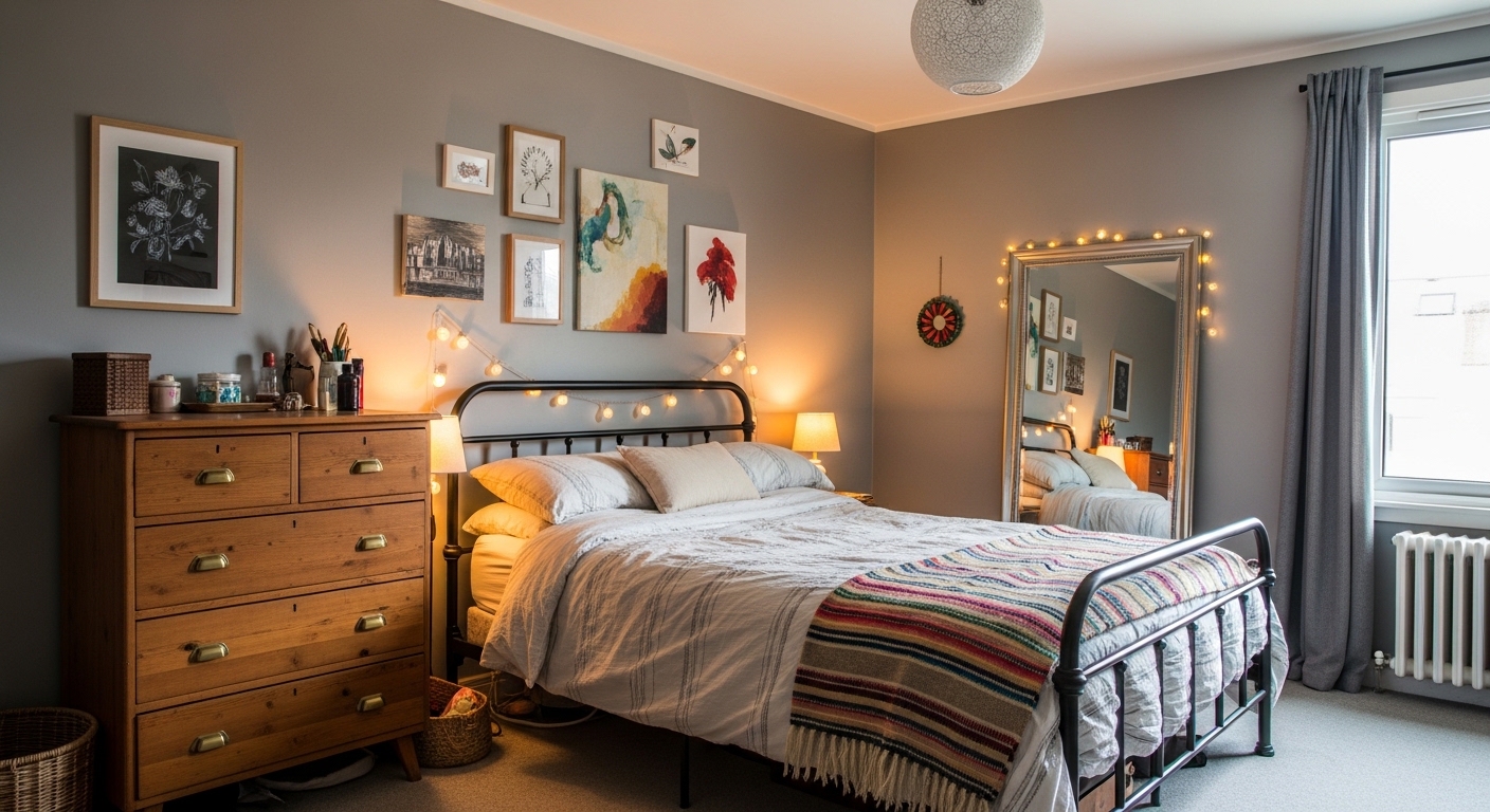 Budget-friendly grey bedroom with thrifted dresser and DIY gallery wall