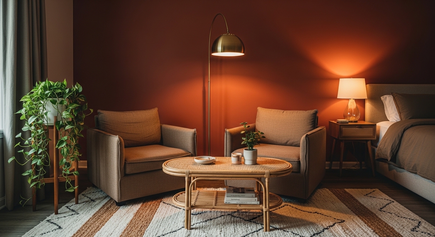 Designer-styled master bedroom sitting area with linen chairs and brass lamp