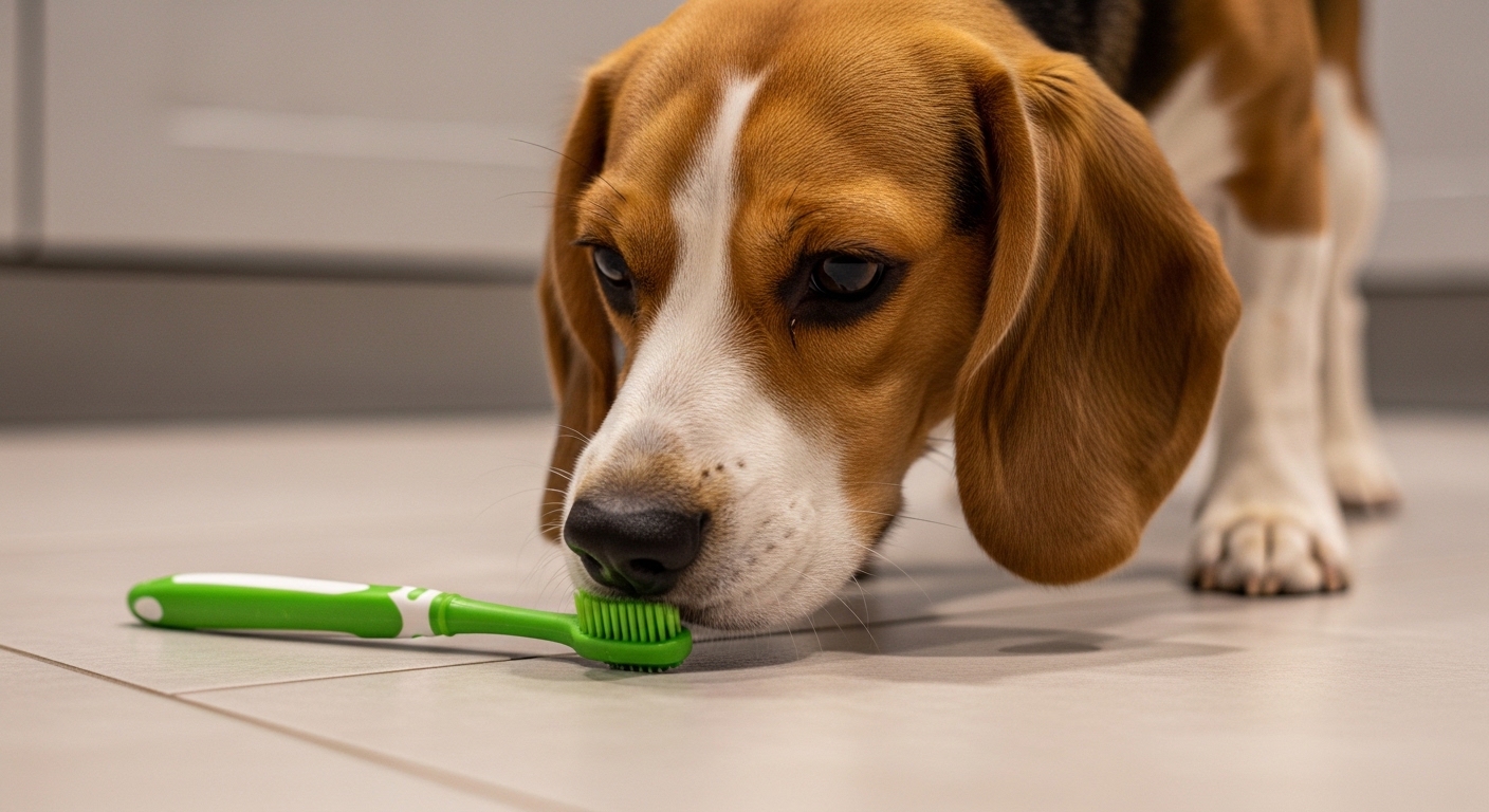 curious beagle sniffing a dog toothbrush on kitchen floor