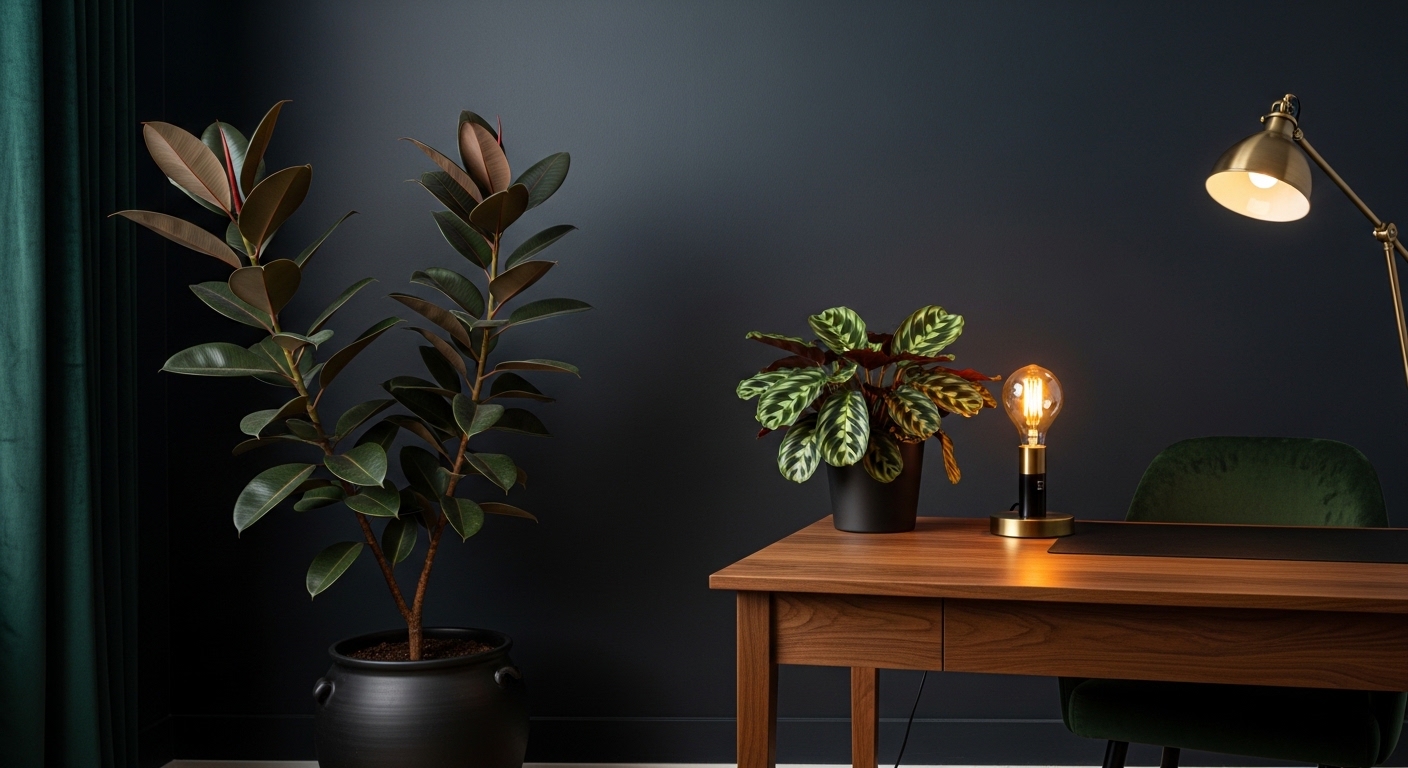 Dark moody home office with rubber plant and calathea in black ceramic pots.