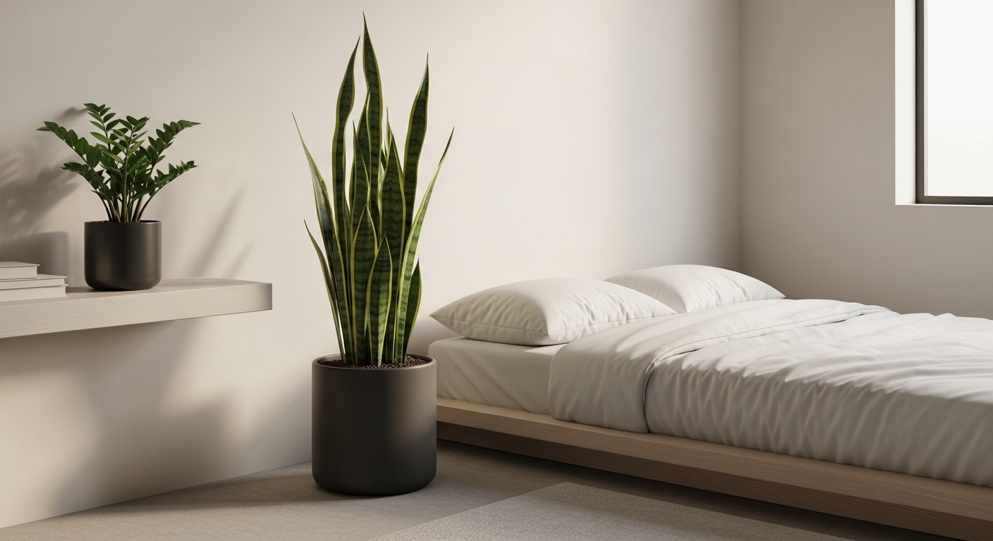Minimalist bedroom with snake plant and ZZ plant in matte ceramic pots.