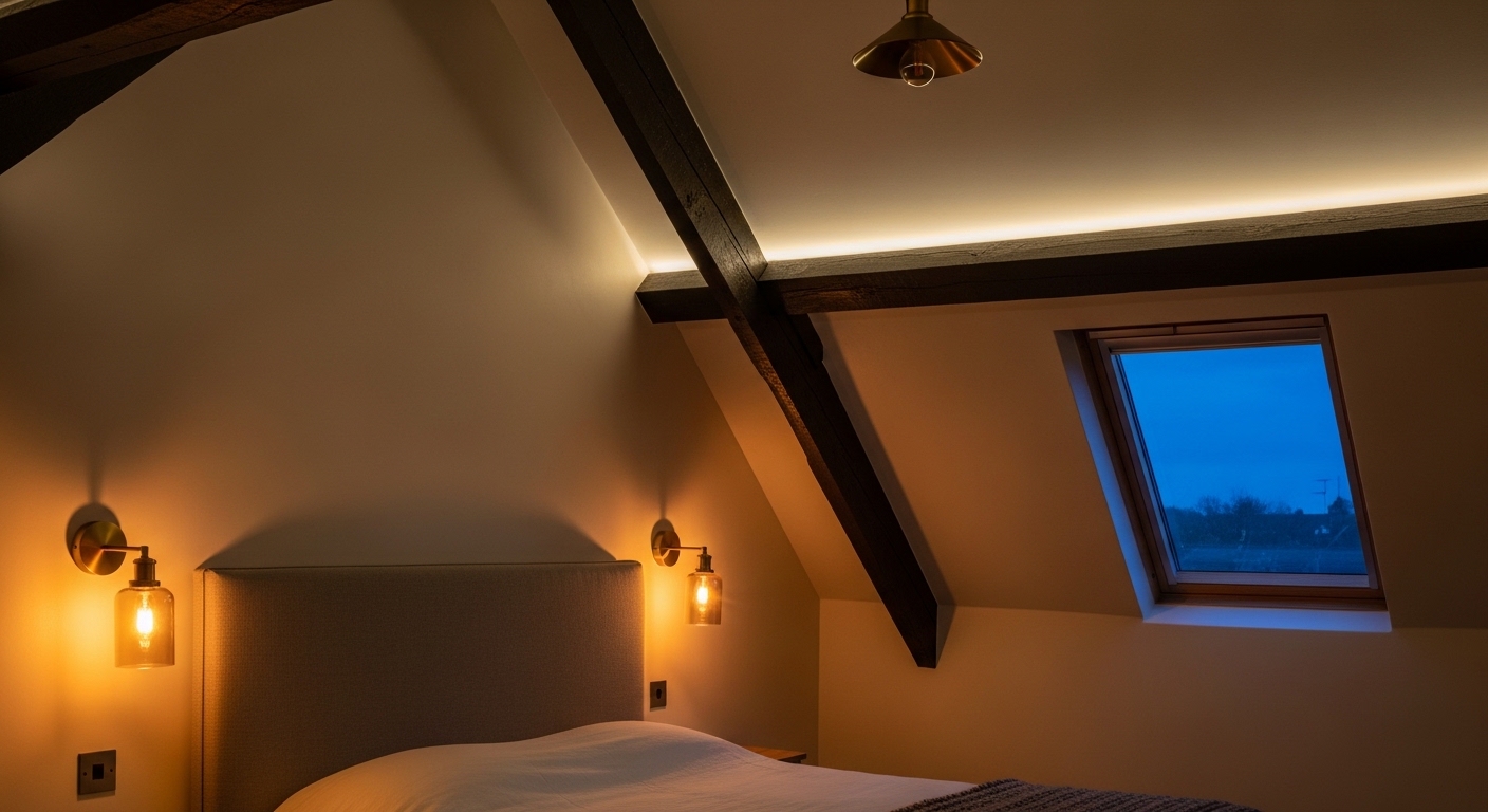 Attic bedroom with layered warm lighting and exposed beam glow