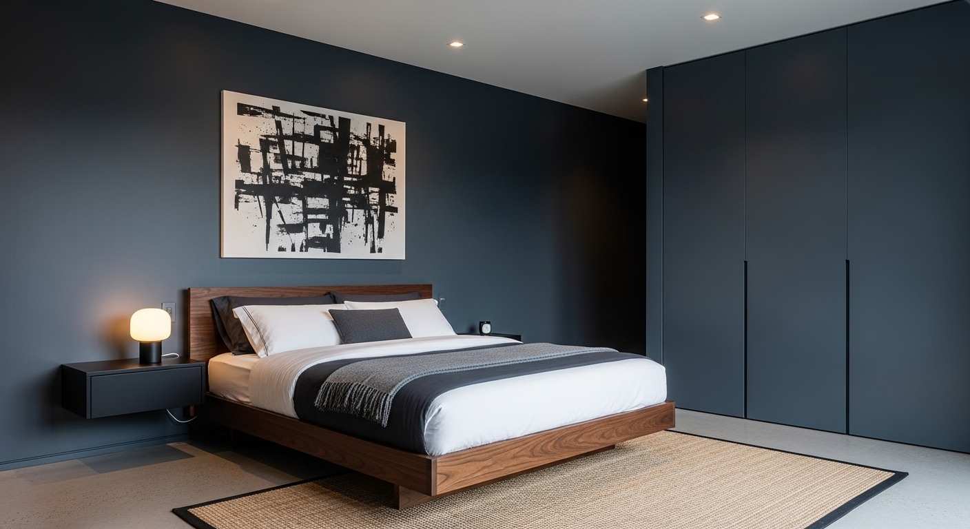 Minimalist grey bedroom with dark walnut platform bed and concrete floor