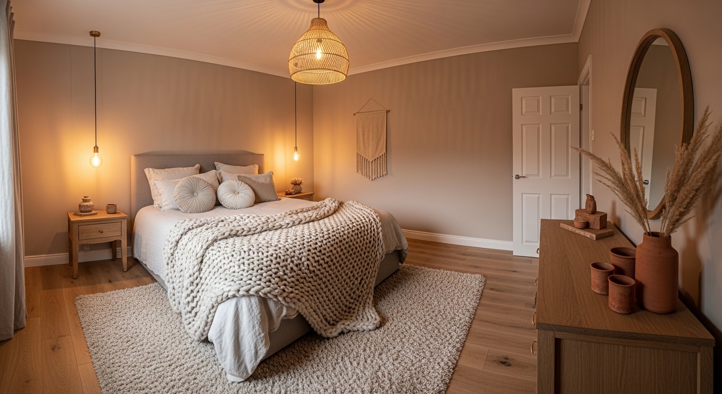 Cozy neutral grey bedroom with linen bed and rattan pendant light