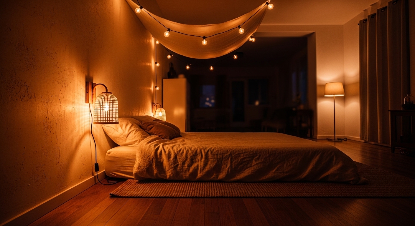 Warm layered lighting defining a cozy studio bedroom zone at night