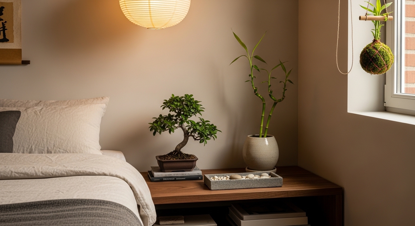 Japandi bedroom with bonsai, bamboo, and kokedama moss ball plants.