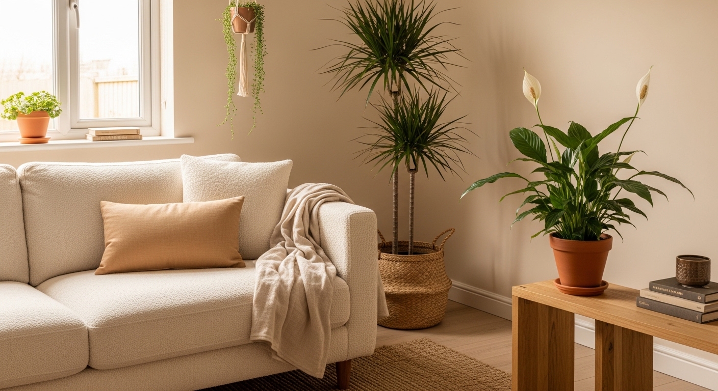 Cozy neutral living room with dracaena, peace lily, and trailing string of pearls.
