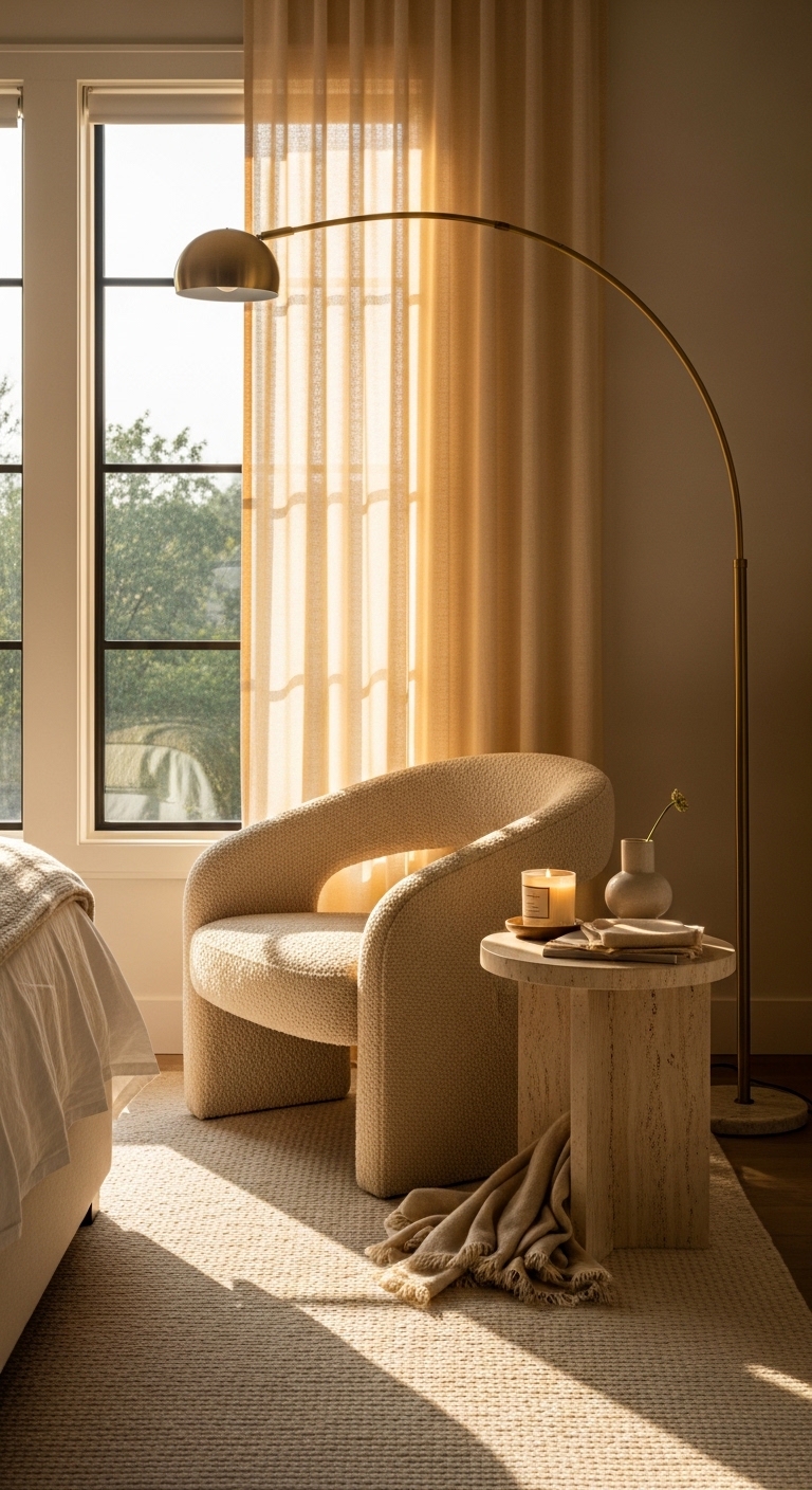 Golden hour master bedroom sitting nook with boucle chair and sheer curtains
