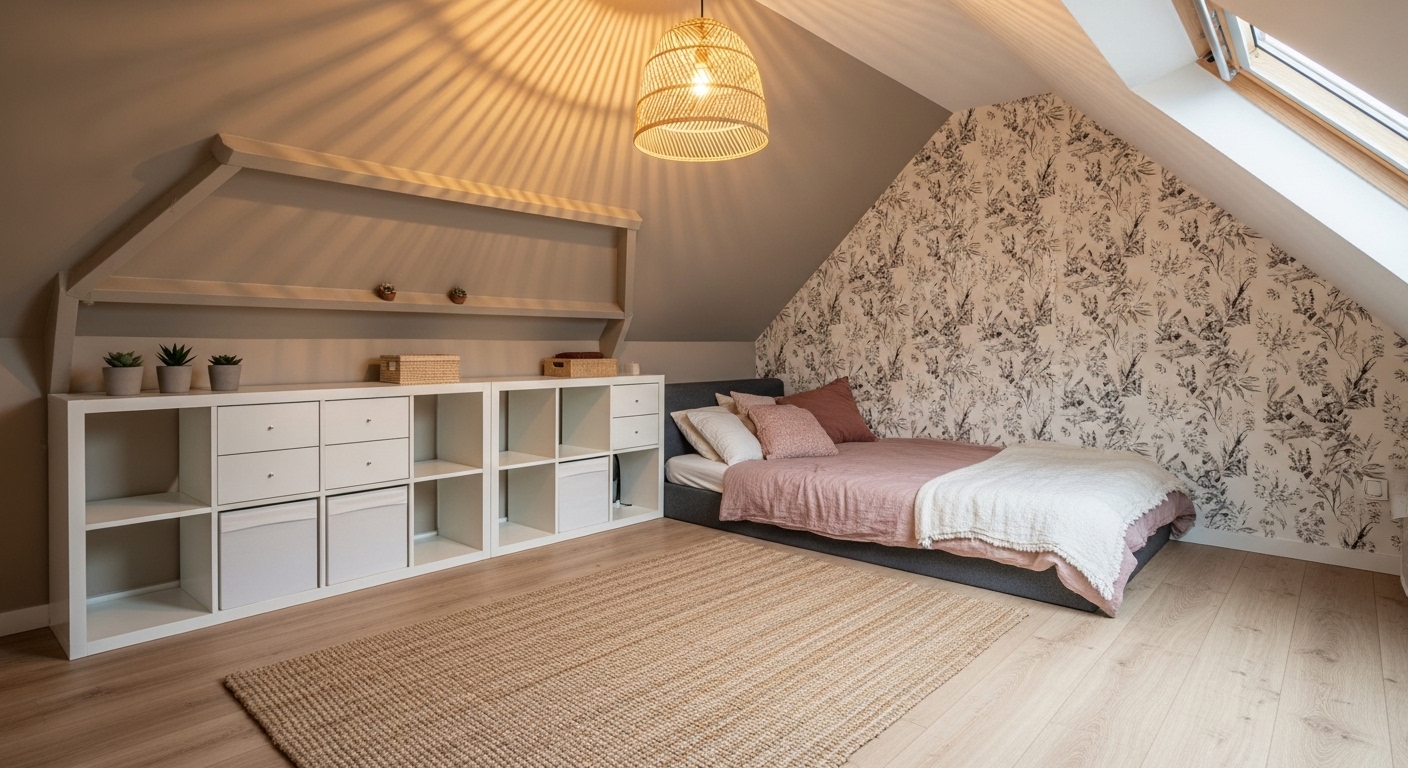 Budget attic bedroom with modular shelving and botanical wallpaper