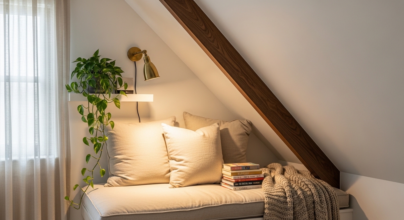 Cozy attic dormer window reading nook with linen cushions