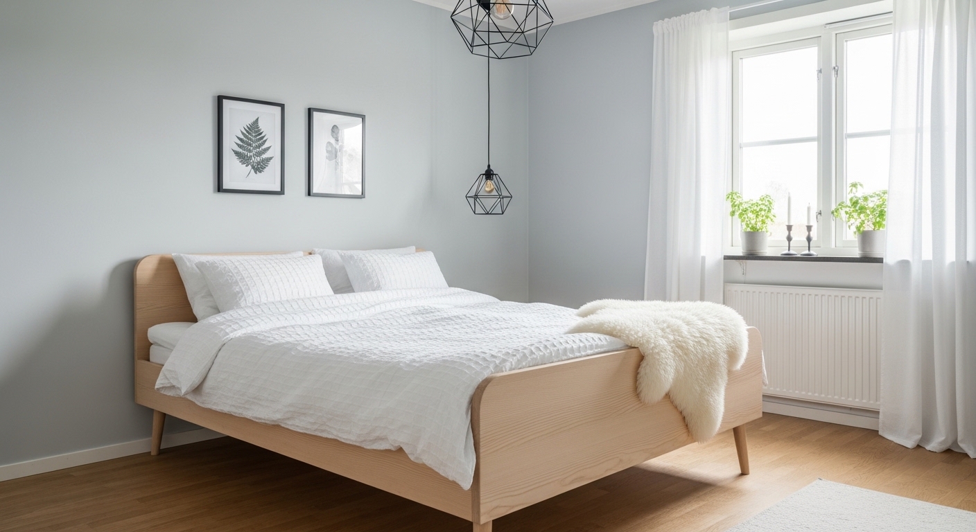Scandinavian grey bedroom with birch bed frame and botanical prints