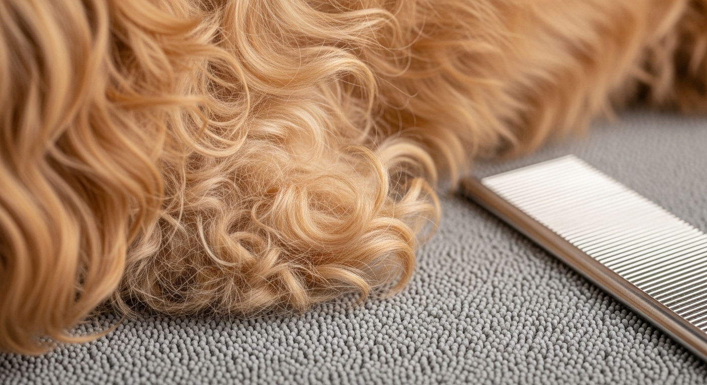 close-up of Goldendoodle coat with mat and metal comb