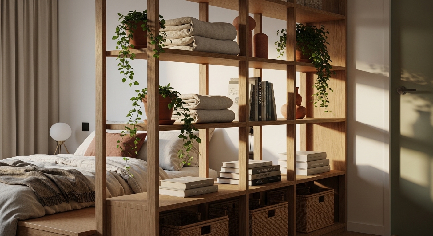 Tall open oak shelving unit used as a stylish room divider in a studio