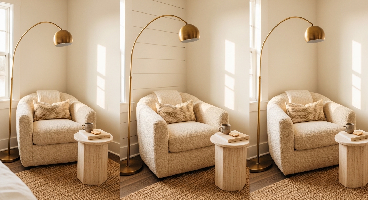 Cream boucle armchair sitting nook with brass floor lamp and travertine table