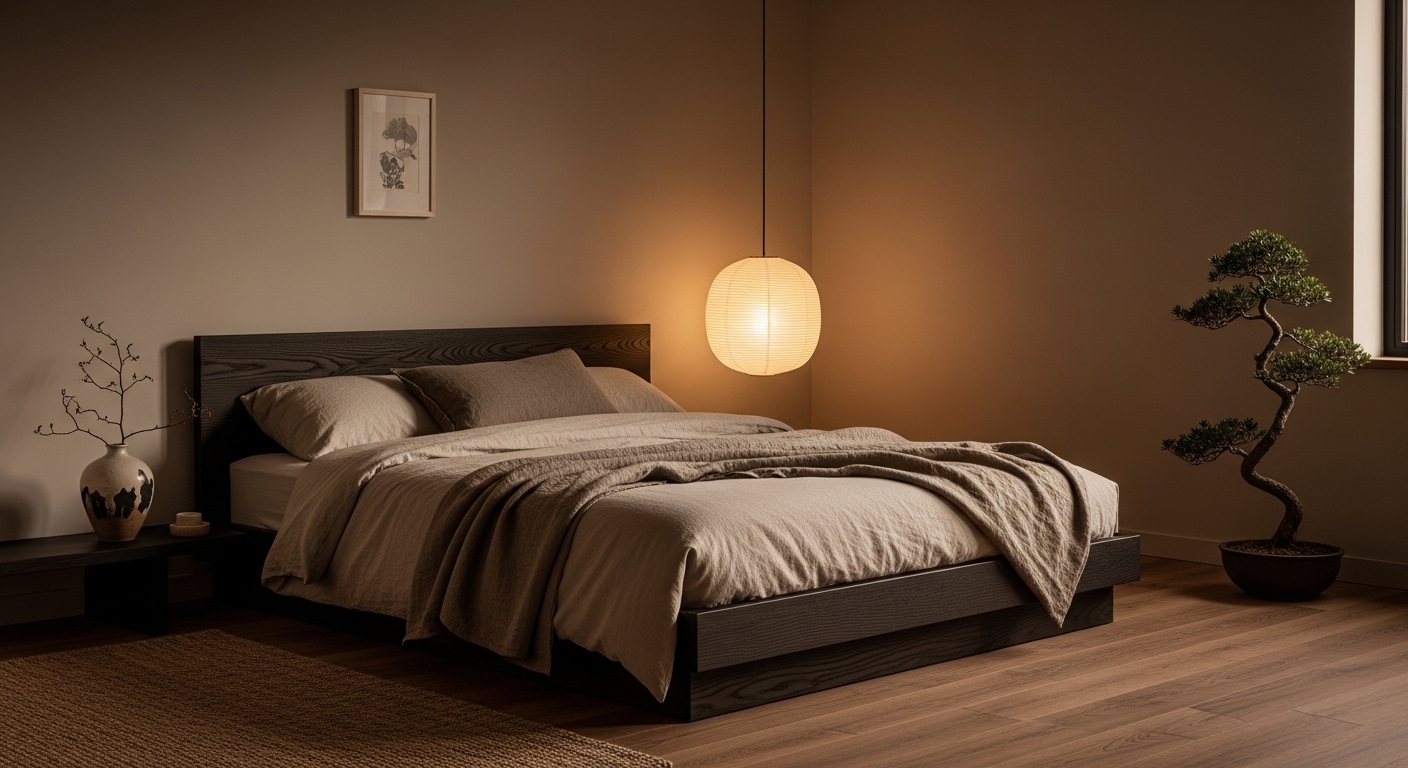 Japandi grey bedroom with low oak bed and rice paper pendant light