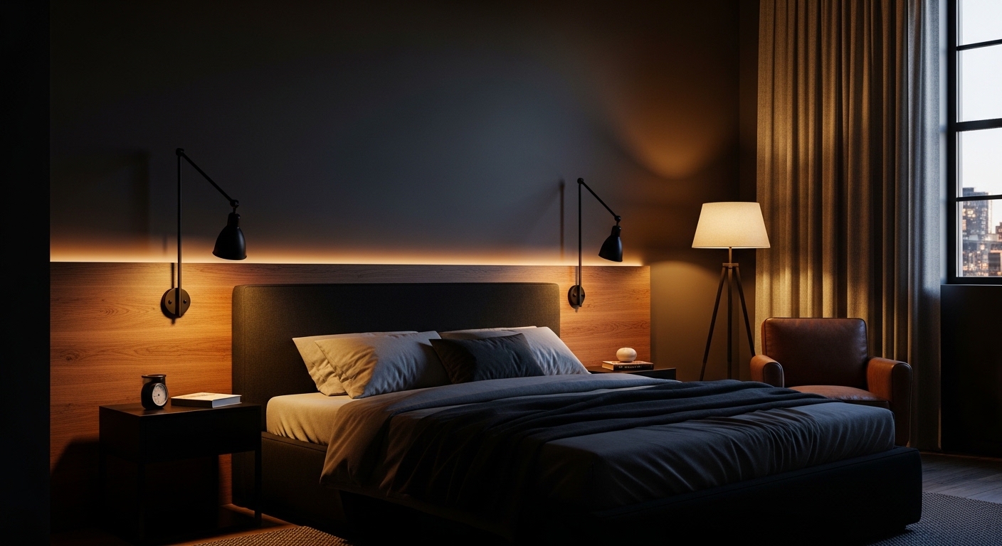 Masculine bedroom with layered evening lighting and matte black sconces