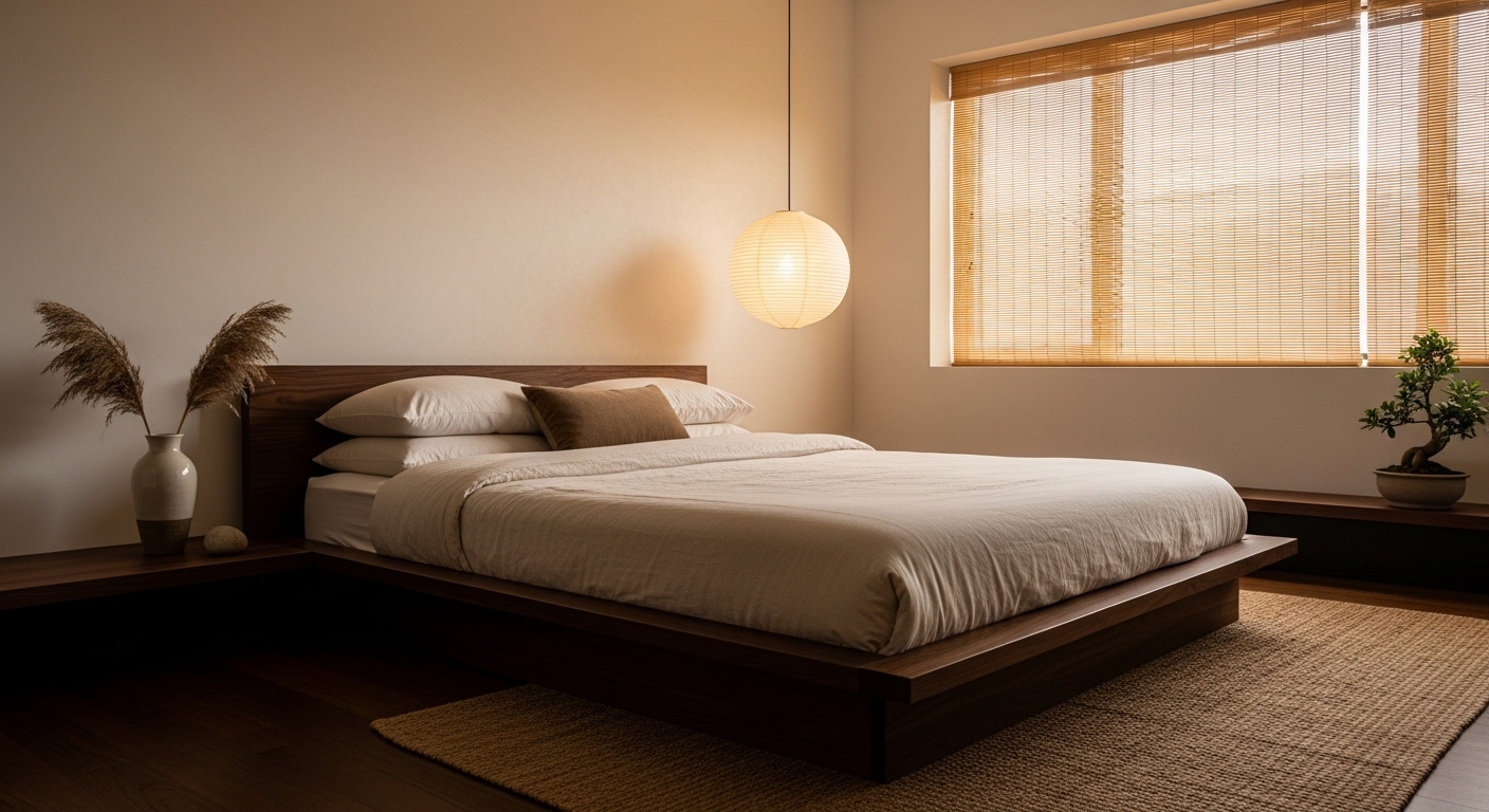Japandi teen bedroom with low walnut bed and washi paper pendant light