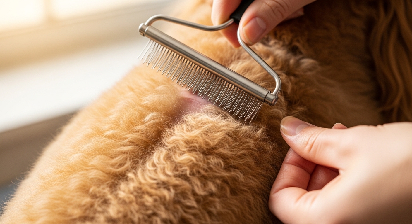 hands demonstrating line brushing technique on a Goldendoodle