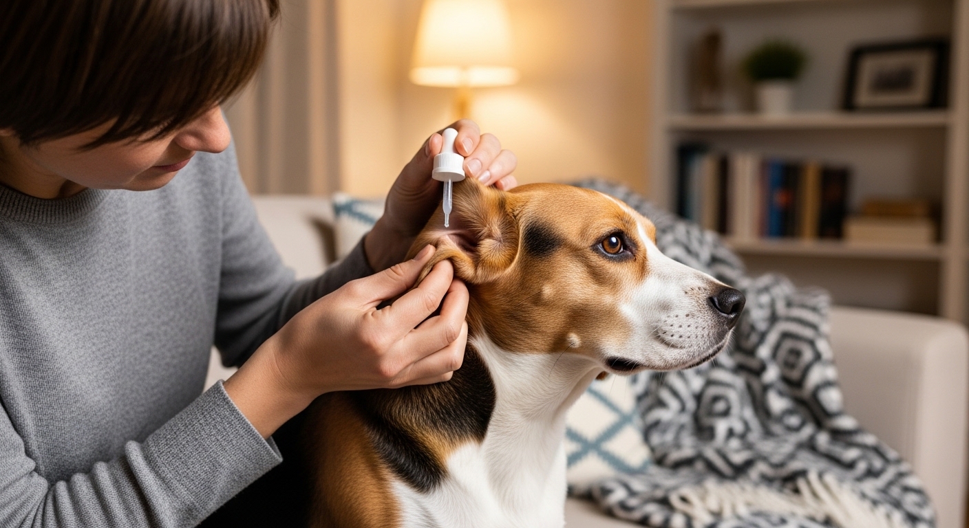 person applying ear cleaning solution into beagle's ear
