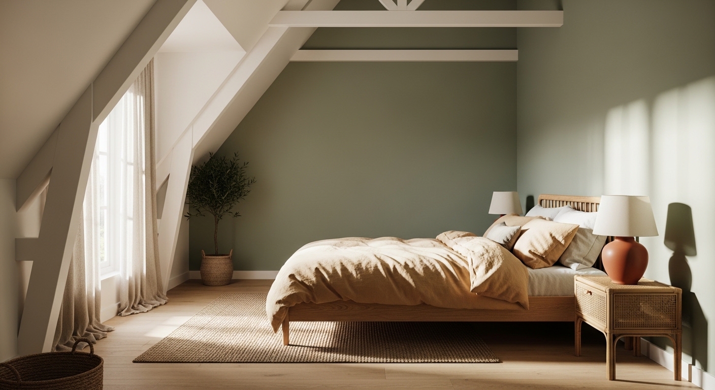 Attic bedroom in sage green and cream with natural textures